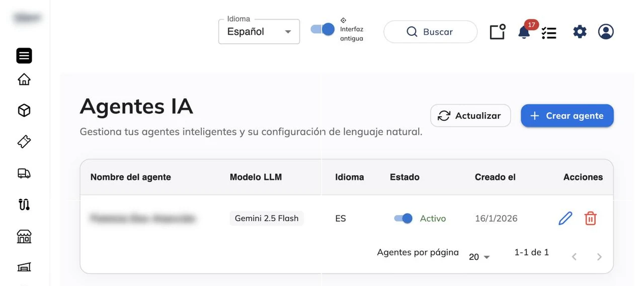 Listado de agentes IA con el botón Crear agente y la tabla con modelo, idioma, estado y fecha de creación