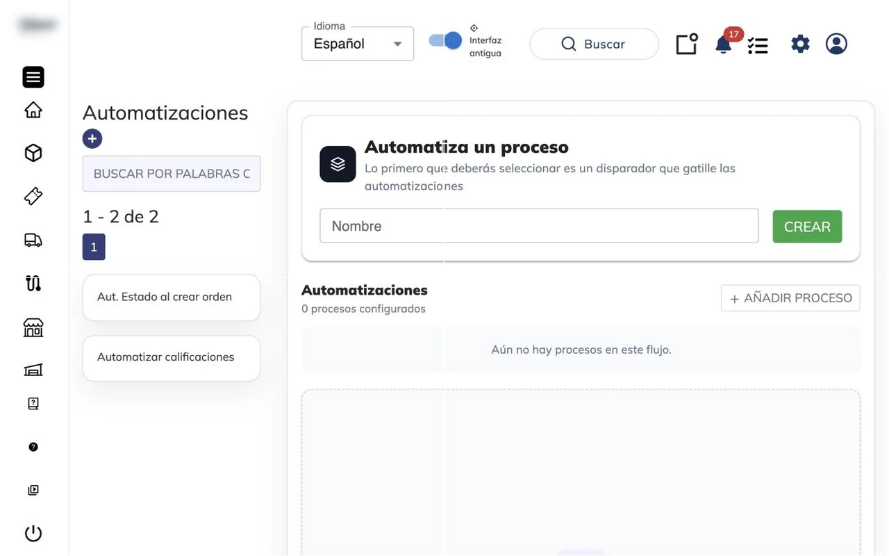 Pantalla Automatizaciones con la lista de automatizaciones a la izquierda y el formulario Automatiza un proceso a la derecha