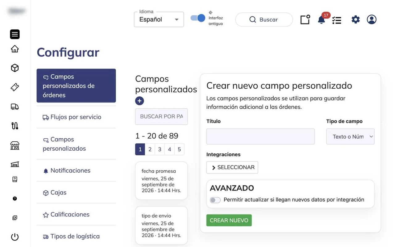 Pantalla Configurar con la pestaña Campos personalizados de órdenes, la lista de campos existentes y el formulario Crear nuevo campo personalizado