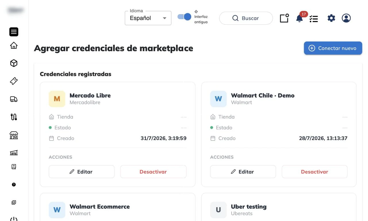 Pantalla Agregar credenciales de marketplace con el botón Conectar nuevo y las tarjetas de las cuentas ya conectadas