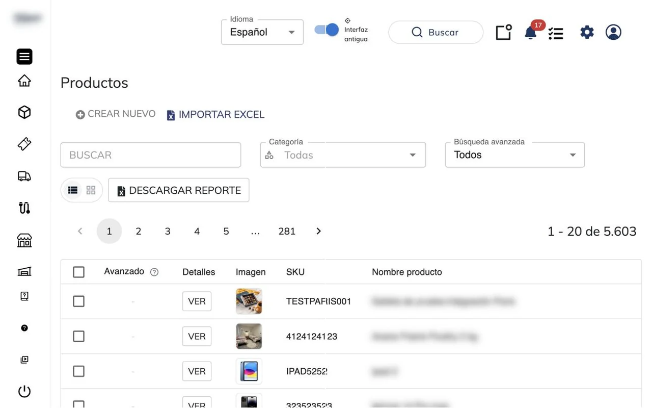 Listado de productos con los botones Crear nuevo, Importar Excel y Descargar reporte, y la tabla con imagen y SKU