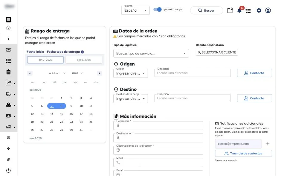 Formulario de nueva orden con el calendario de rango de entrega a la izquierda y los datos de la orden a la derecha
