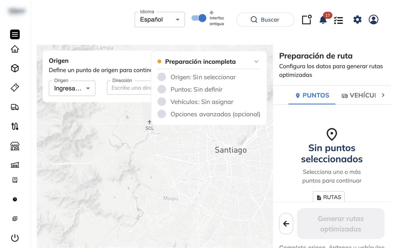 Planificador con el mapa, el bloque Origen, el indicador Preparación incompleta y el panel Preparación de ruta