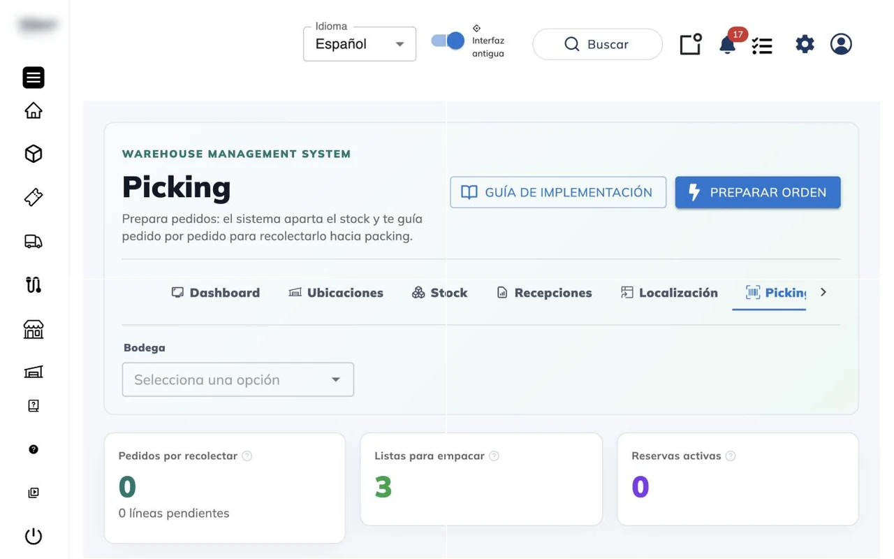 Pantalla Picking del WMS con el botón Preparar orden, el filtro de bodega y los indicadores de pedidos por recolectar, listas para empacar y reservas activas